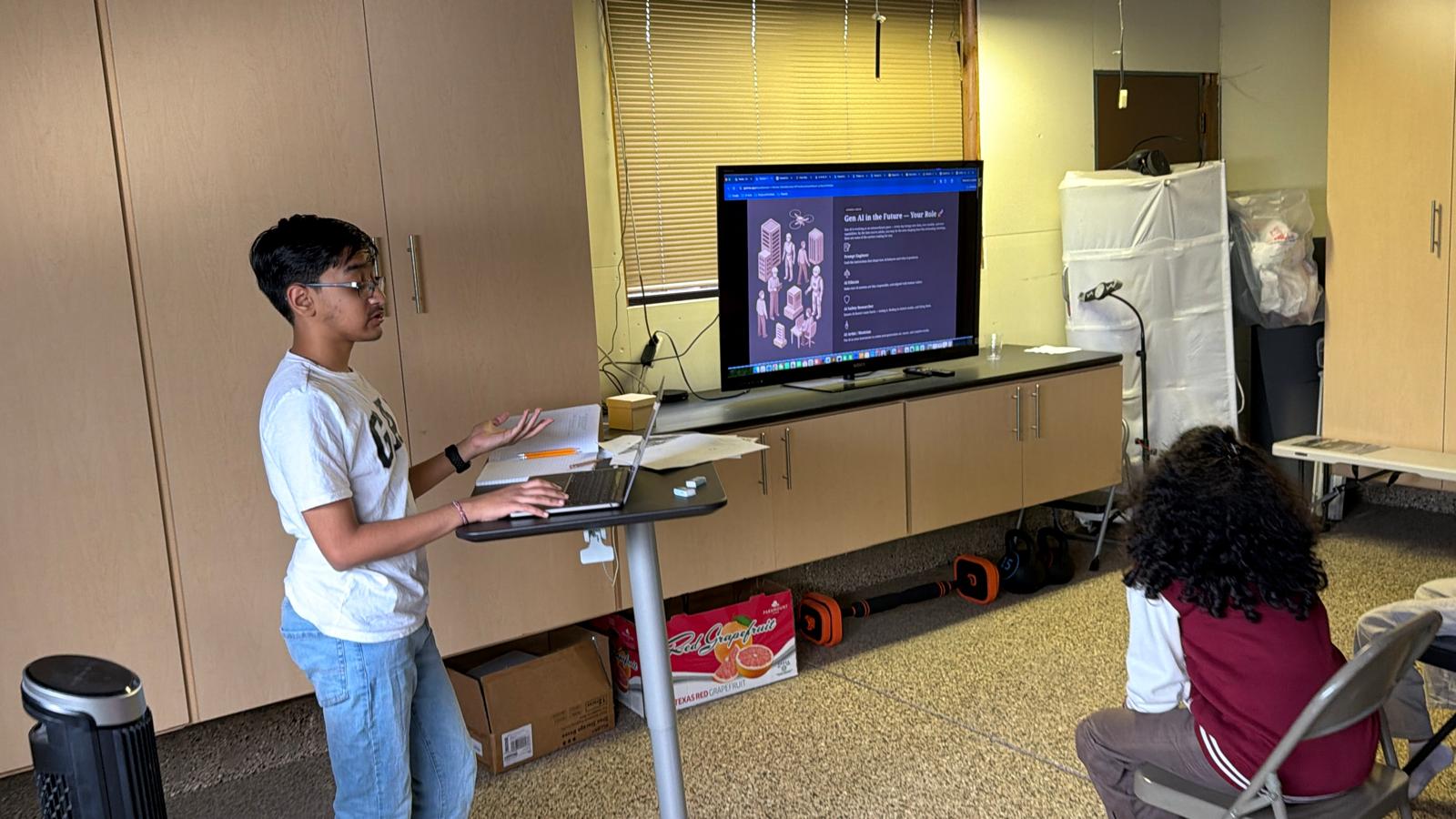 Vihaan presenting generative AI concepts during the August 2026 AI class