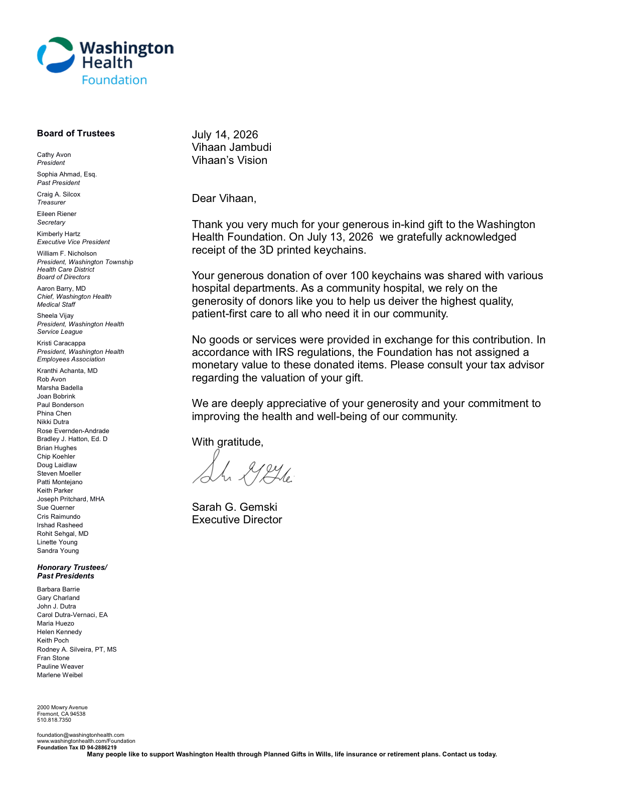 Washington Health Foundation acknowledgement letter for Vihaan's Vision