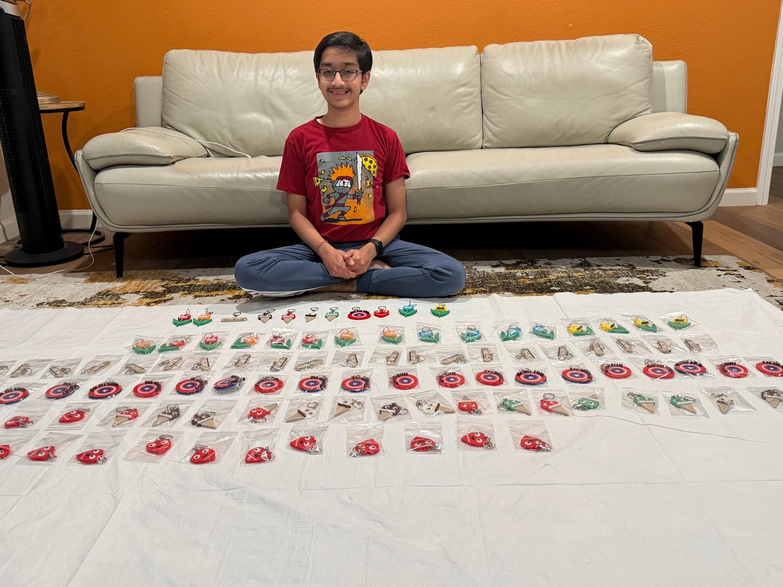 Vihaan with 3D printed keychains prepared for Washington Hospital Fremont